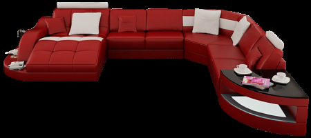 This large leather sectional sofa comfortably sits seven guests and is sure to impress with its gorgeous and unique shape. The definition of ultra modern. Available in 16