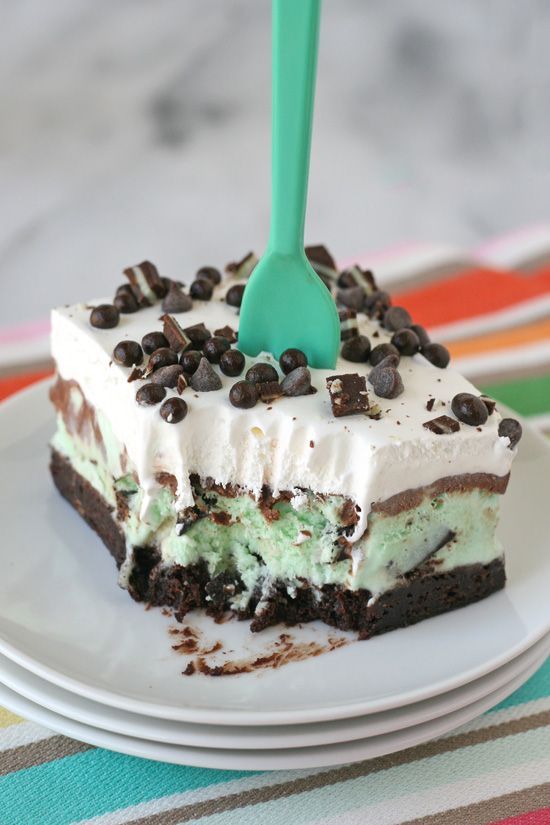 This recipe for Mint Chip Brownie Ice Cream Squares starts with a layer of brownie, then mint chip ice cream, chocolate fudge and whipped