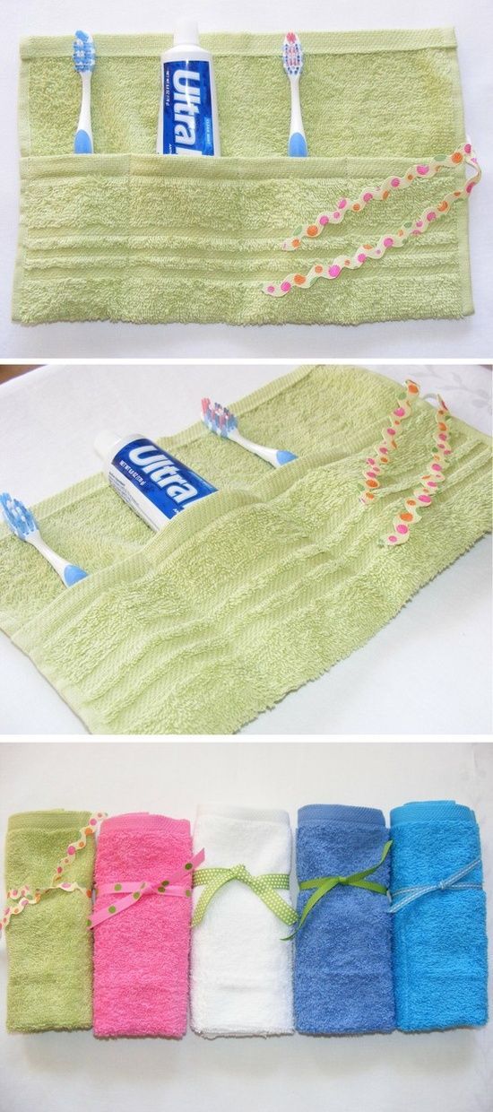 Travel tip. Sew a few stitches on a towel and keep your toiletry dry. A fun gift idea, too. DIYThese would make great gifts for the travelers in my life :) @ DIY Home
