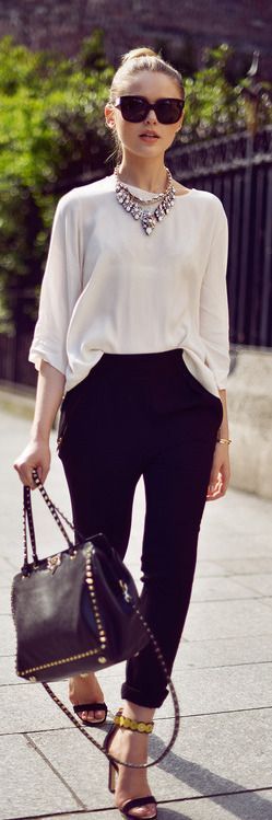 White long blouse, diamond necklace, black Forever 21 pants, and black
