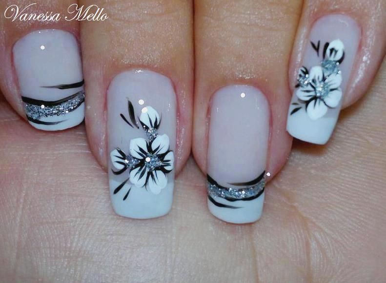 French Nail Art in silver, black and white with flowers