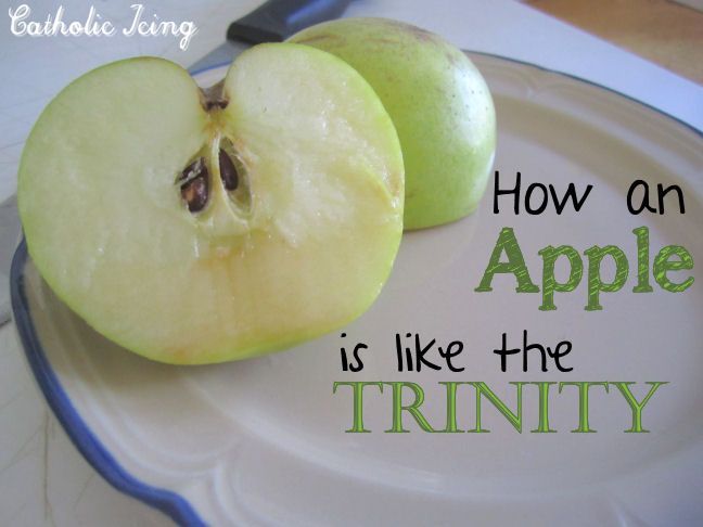How to explain the Trinity to kids using an apple. :-)The peel is like God the Father, because He protects us.  The flesh is like God the Son, because Jesus is God made flesh.  The seeds are like the