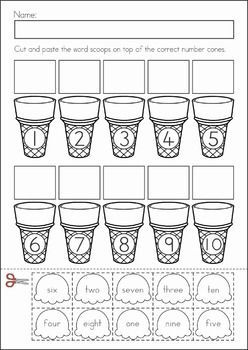 Kindergarten SUMMER Review Math & Literacy Worksheets & Activities. 104 pages. A page from the unit: Number and number word ice cream