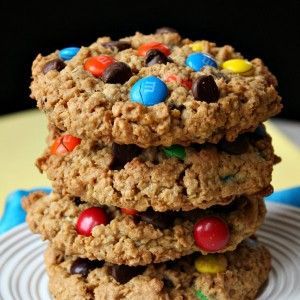 Monster Cookies (no flour): 1 1/2 cups creamy or chunky peanut butter, 1 cup packed light brown sugar, 1 cup granulated white sugar, 8 tablespoons (1 stick) unsalted butter, softened, 3 large eggs, 1
