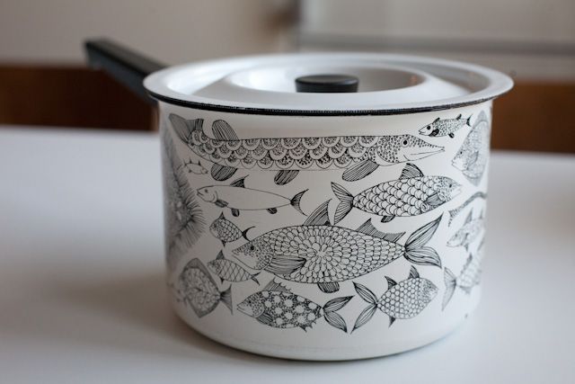 Neptun enamel pot with fish motif by Esteri Tomula for