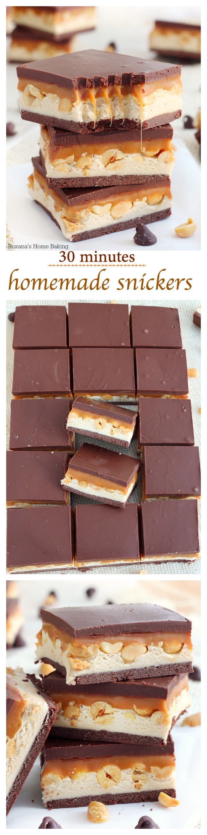 Nougat, peanuts and caramel sandwiched between two chocolate layers, these homemade snickers bars come together in 30 minutes
