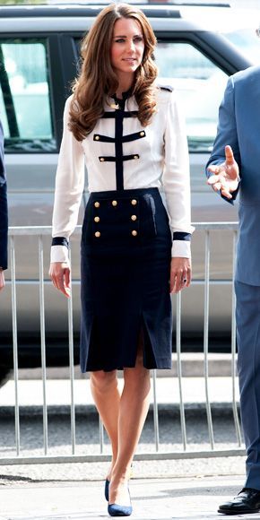 The Duchess of Cambridge paid a visit to Summerfield Community Centre in a nautical-inspired ensemble from Alexander