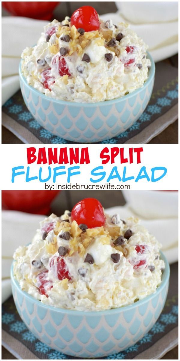 This creamy fruit salad is full of banana split toppings. It is seriously