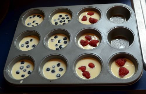 1 c pancake mix, 1/2 c milk, 1 egg, toppings, Fill muffin tin almost to top, bake 350 degrees for 20-30 mins