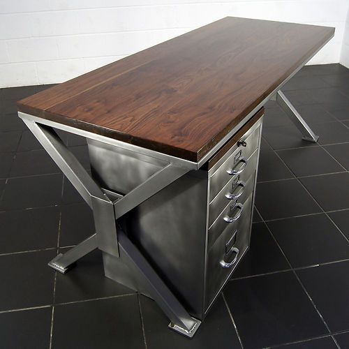 A thing of beauty: Handmade Industrial Polished Metal & Walnut Office Desk Retro by Steel Vintage | eBay