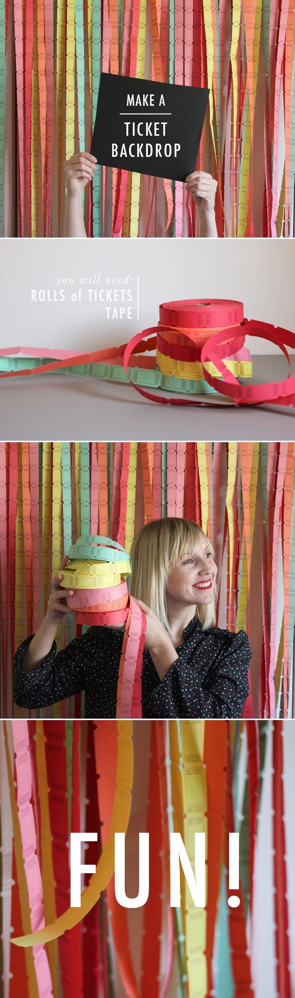 Another good idea that never crossed my mind. How fun is this?! DIY ticket backdrop for a photobooth