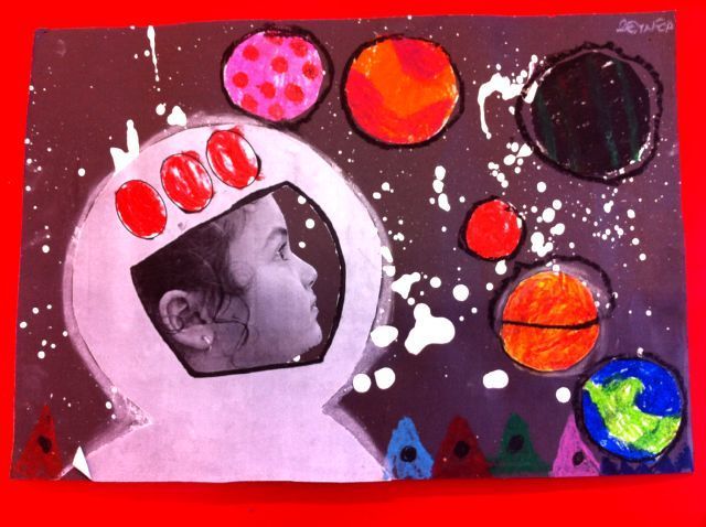 Astronaut self-portrait.  This would make a great bulletin board. Big quote about dream with all of the student work around it.