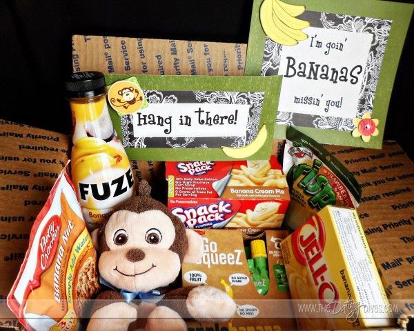 Banana themed care package- I sure do need to start doing themes!! so cute! @Leslie Lippi Brown- dont know if Marls loves bananas