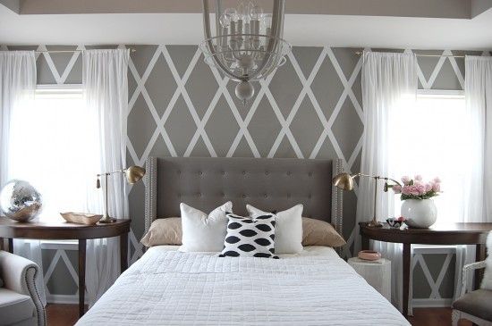 Came to this post for the DIY duct tape diamond wall, stayed for the amazing headboard, lovely light fixture, two gorgeous table