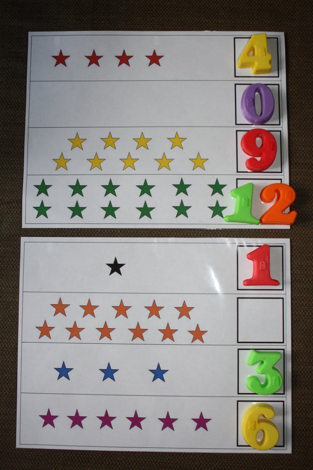 Counting…instead of using magnetic numbers, laminate and write the numbers to hit the standard for writing numbers