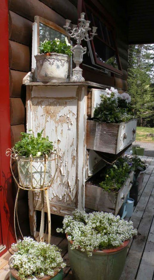 decorating with shutters Ideas for weddings | This old dresser turned into a planter by Sue of sue loves junk .