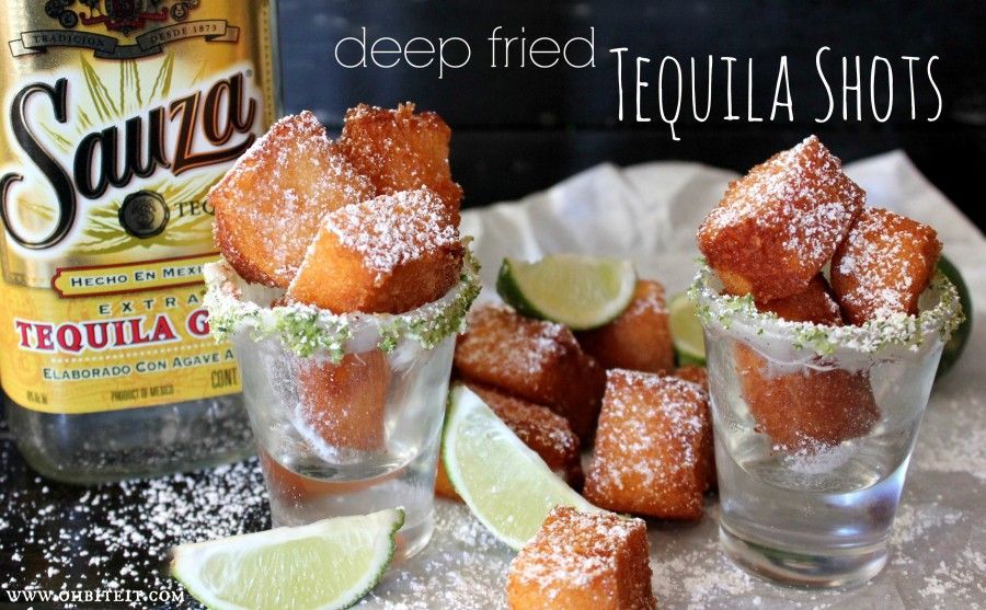 Deep Fried Tequila Shots! (sponge cake/angel food cake, tequila, oil for frying, powdered sugar for dusting)