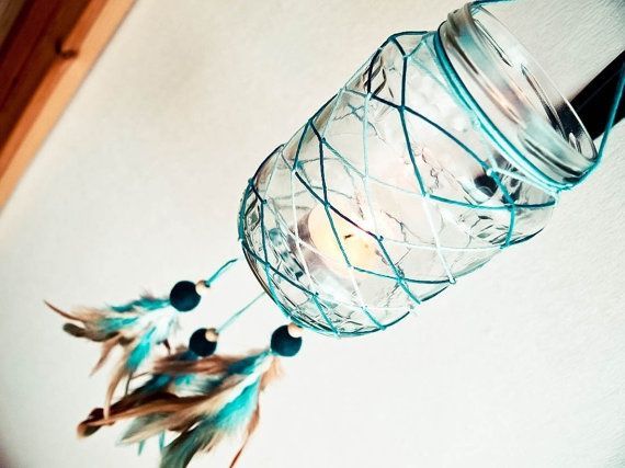 Glass Dream Catcher – Blue Sunset – Dream Catcher with Glass, Blue and Brown Feathers, Blue Nett – Home Decor, Mobile, Candelabrum