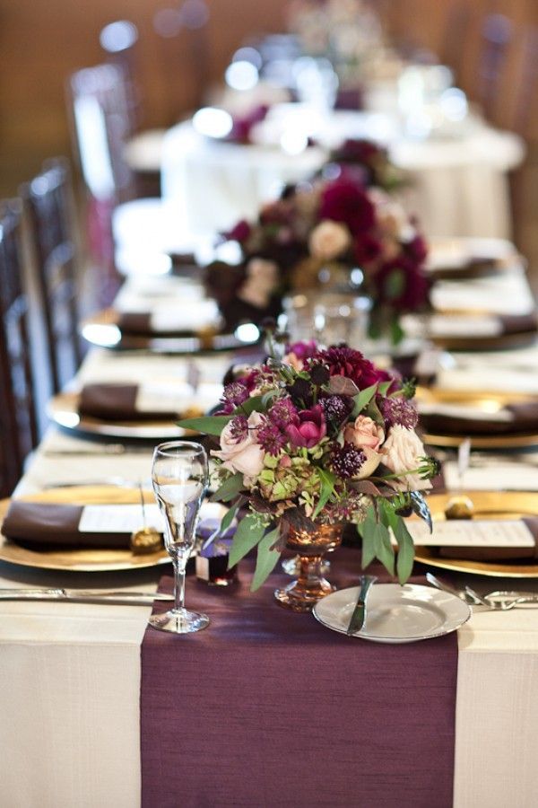Gold Table Decor, Plum and Gold Settings, Plum and Gold Wedding Decor. Could also switch to silver instead of gold.