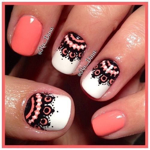 Gorgeous black and coral lace #nails #nailart
