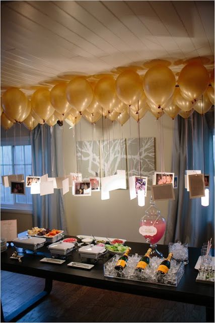 Great idea! Hang pictures from the balloon strings and position over table. Especially neat for an anniversary party or birthday