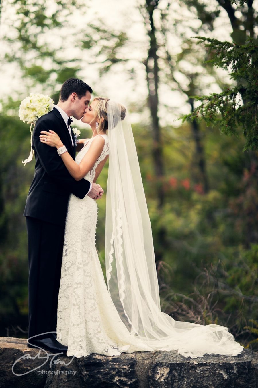 Great shot of long wedding veil on lace dress #weddingdress photo