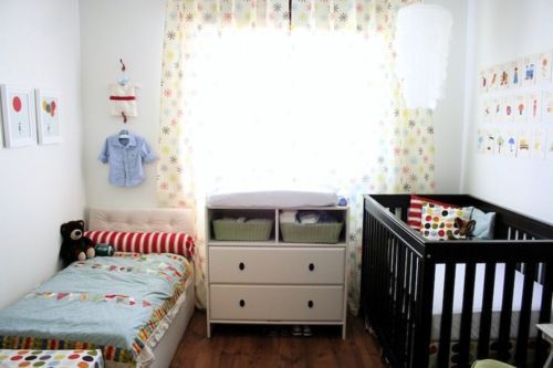 Im basically pinning this girls entire post about her nursery. They have an apt, and they put two kids in a small room, and it