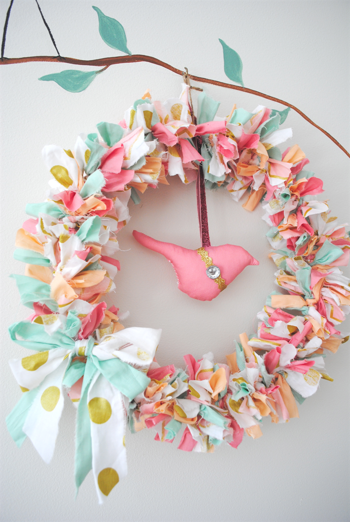 mint coral peach bird fabric | Gold Peach & Pink Whimsical Bird Wreath – baby, mobile, coral, gift …