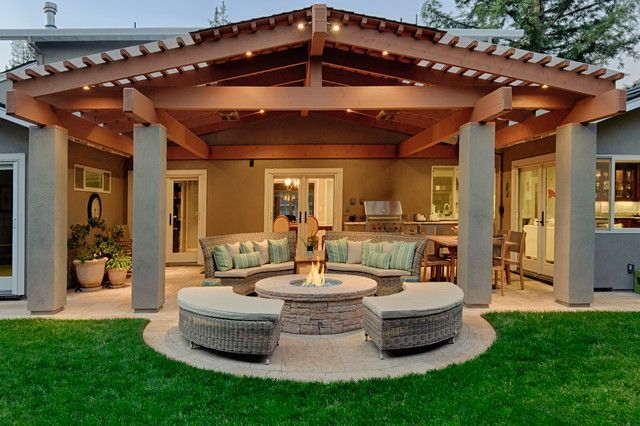 Modern backyard covered patio ideas with fire-pit