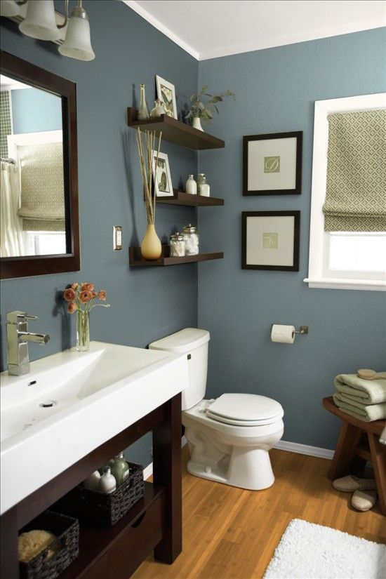 Mountain Stream by Sherwin Williams. Beautiful earthy blue paint color for bathrooms, especially when paired with dark woods and