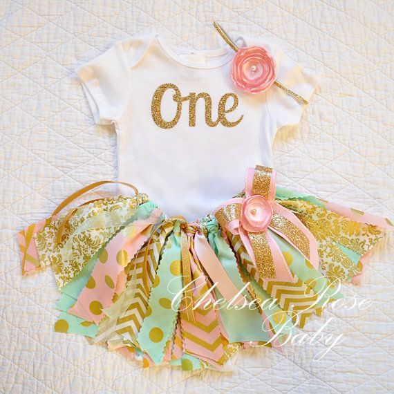 Pink, mint and gold fabric tutu outfit for 1st birthday. Etsy