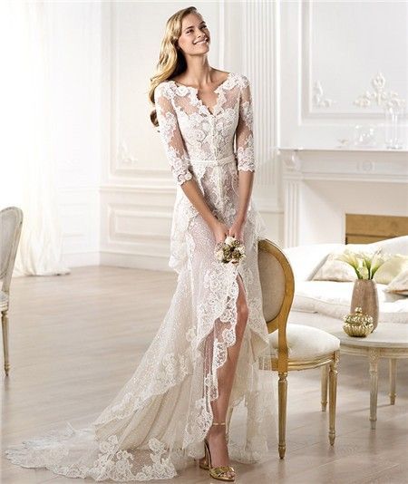 Sexy Italian Wedding Dresses | … Sheath V Neck High Low Front Slit Lace Wedding Dress With Sleeve