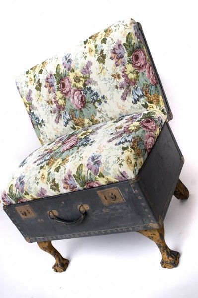 suitcase chair tapestry print 2 399×600 Suitcase chairs in furniture fabric art  with suitcase Repurposed Furniture Chair Bench