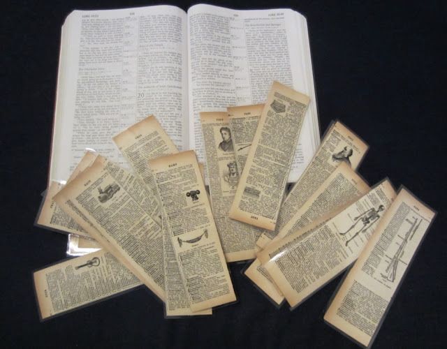 VINTAGE BOOK MARKS: These book marks are made from vintage dictionary pages, folded and laminated. The small dictionary