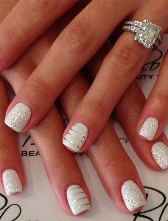 Wedding Nail Ideas: White and silver sparkle wedding nails! #nailart