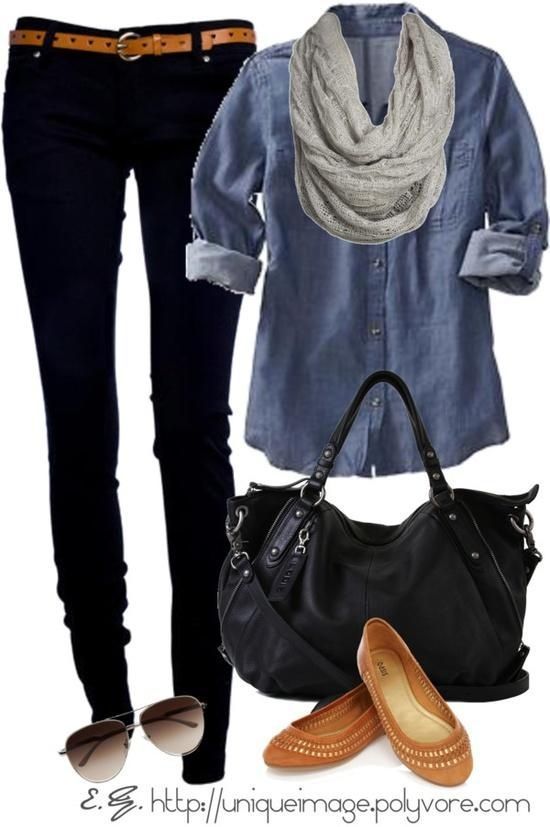 A good casual weekend outfit: the chambray shirt and dark skinny jeans would make a nice canvas for gold-tone jewelry