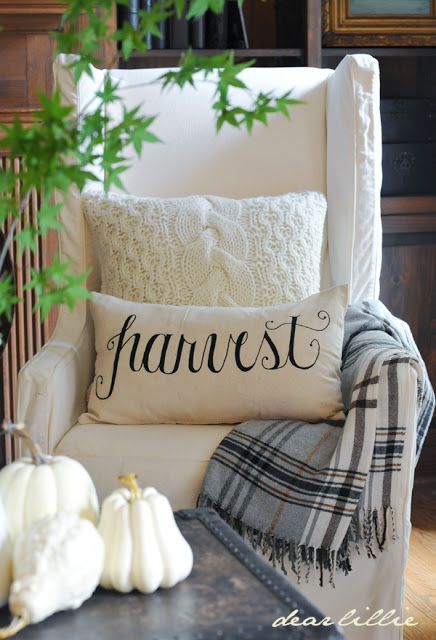 Autumn decor: sweater pillow, IKEA plaid blanket, Dear Lillie harvest pillow cover.   {Dear Lillie}