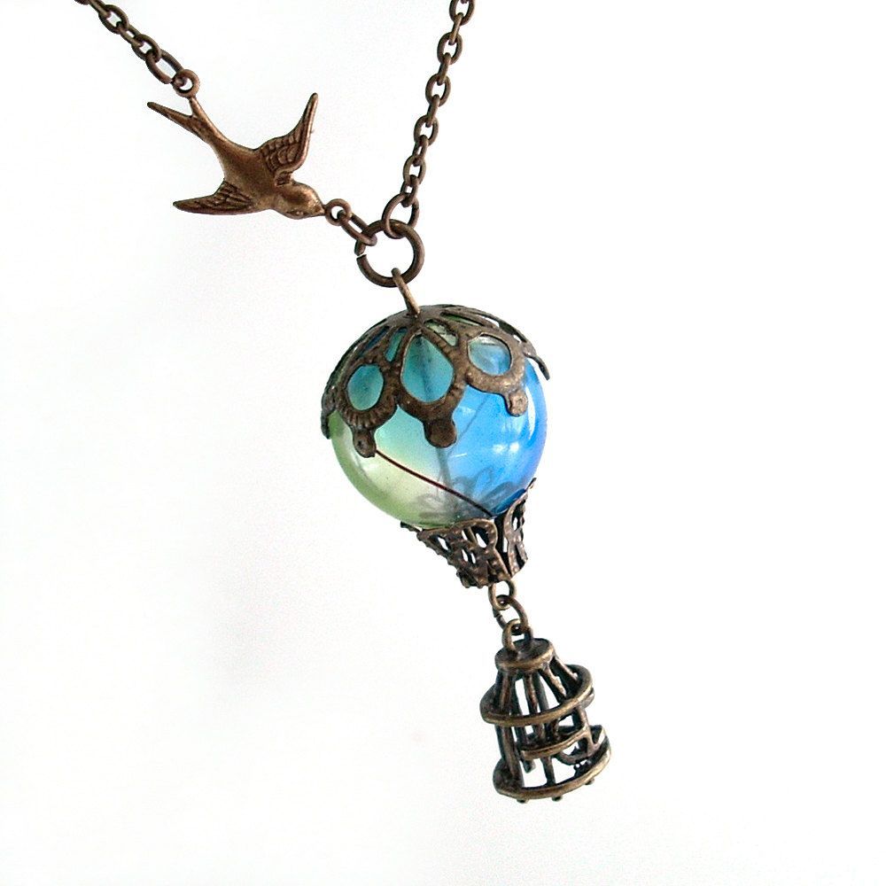 Bird and Balloon – Hot Air Balloon Airship Pendant Necklace Jewelry Jewellery. $45.00, via Etsy.