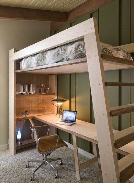 Custom lofted bed with integrated ladder.  Nice clean design and helpful for tucking in sheets!