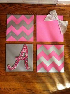 cute canvas art idea for little girls room – four canvases, two colors, two painted chevron, one with letter, and one with a bow.
