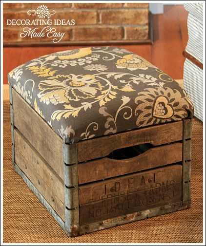 DIT ottoman from an old wooden milk crate. Ive seen this done with a plastic egg crate, but I like the vintage look of this!