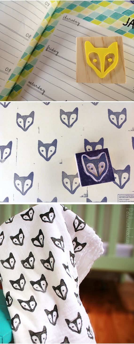 DIY fox stamp made from craft foam (I love the background on the day planner!)