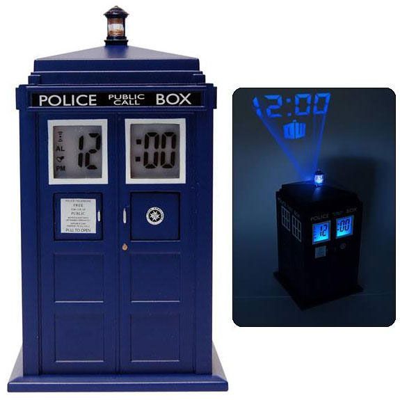 Doctor Who TARDIS Projection Alarm Clock. Plays the TARDIS noise when the alarm goes off. Do want.