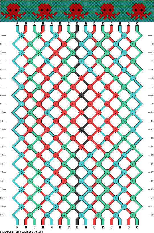 friendship bracelet patterns – 15 strings, 22 rows, 4 colors octopus