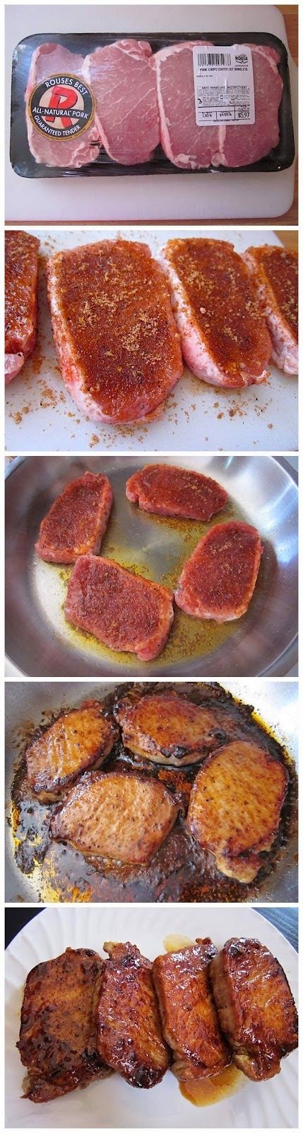 Glazed Pork Chops Recipe ~ 4 thick cut pork chops~ ¼ cup brown sugar~ ½ tsp cayenne powder~ ½ tsp garlic powder~ ½ tsp