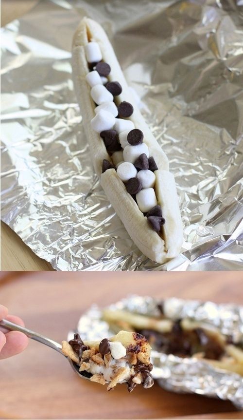 Grilled Banana Boats…bananas filled with mini marshmallows, chocolate chips, and graham cracker crumbs or golden grahams cereal,