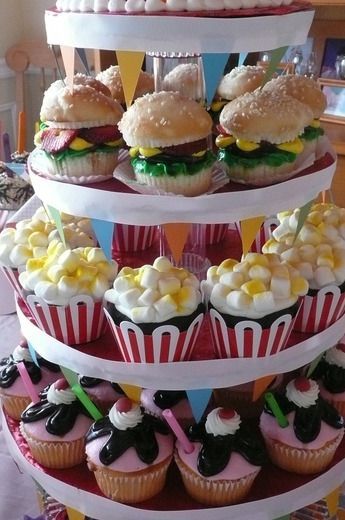hamburger, popcorn, and sundae cupcakes – WOW! @Rachel Einstein these made me think of your 4th of July “burgers”
