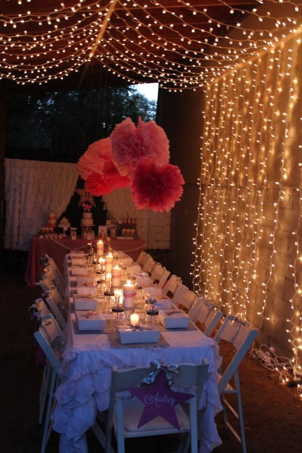 how cute are the lights and poms but in blue!! No pom poms on the table tho maybe in the photo booth!