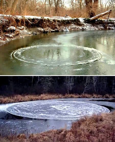 Ice Circles – rare phenomenon seen in extremely cold countries.  Formed when surface ice gathers in the center of a body of water