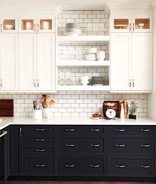 Kitchen trends continuing in 2014: open shelving, two-color cabinetry, tile to the ceiling.